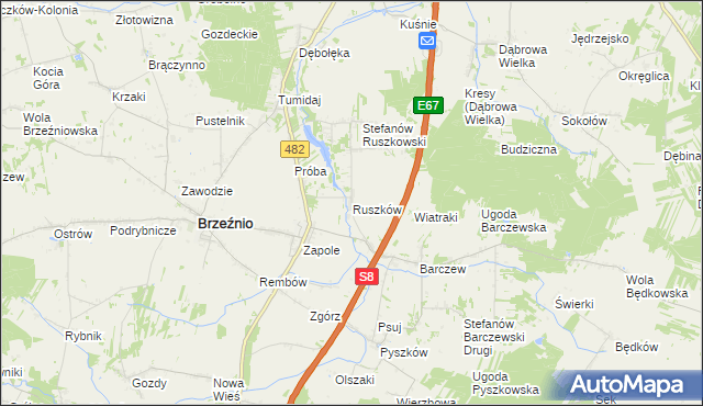 mapa Ruszków gmina Brzeźnio, Ruszków gmina Brzeźnio na mapie Targeo