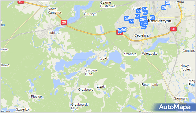 mapa Rybaki gmina Kościerzyna, Rybaki gmina Kościerzyna na mapie Targeo