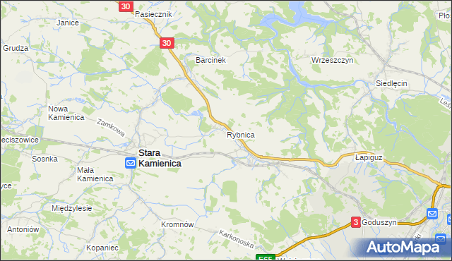 mapa Rybnica gmina Stara Kamienica, Rybnica gmina Stara Kamienica na mapie Targeo