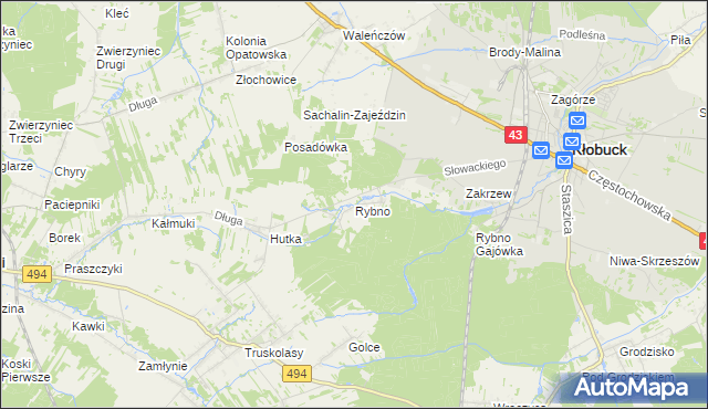 mapa Rybno gmina Kłobuck, Rybno gmina Kłobuck na mapie Targeo