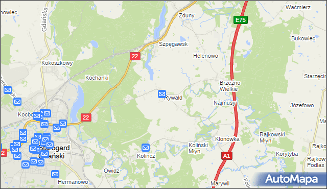 mapa Rywałd gmina Starogard Gdański, Rywałd gmina Starogard Gdański na mapie Targeo