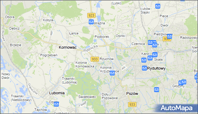 mapa Rzuchów gmina Kornowac, Rzuchów gmina Kornowac na mapie Targeo