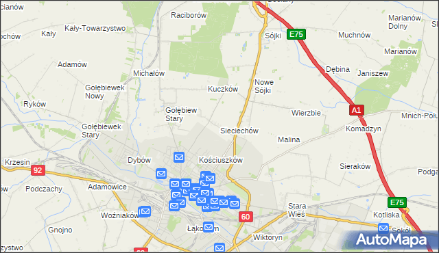 mapa Sieciechów gmina Kutno, Sieciechów gmina Kutno na mapie Targeo