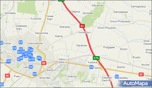 mapa Sieraków gmina Kutno, Sieraków gmina Kutno na mapie Targeo