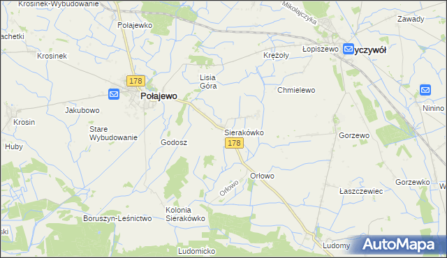 mapa Sierakówko gmina Połajewo, Sierakówko gmina Połajewo na mapie Targeo