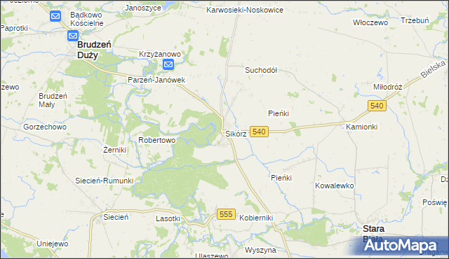mapa Sikórz gmina Brudzeń Duży, Sikórz gmina Brudzeń Duży na mapie Targeo