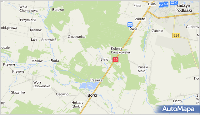 mapa Sitno gmina Borki, Sitno gmina Borki na mapie Targeo
