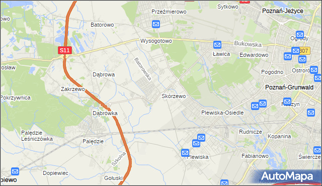 mapa Skórzewo gmina Dopiewo, Skórzewo gmina Dopiewo na mapie Targeo