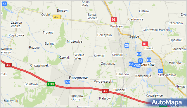 mapa Śliwniki gmina Parzęczew, Śliwniki gmina Parzęczew na mapie Targeo