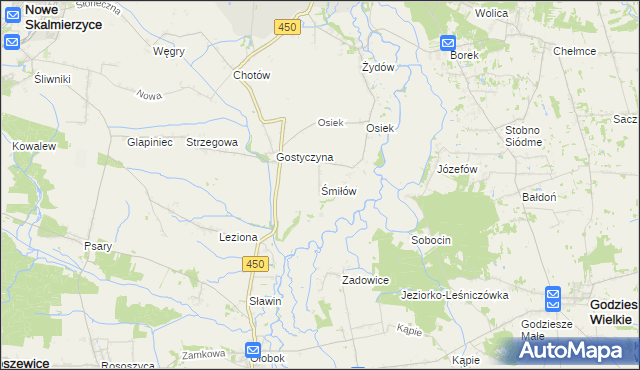 mapa Śmiłów gmina Nowe Skalmierzyce, Śmiłów gmina Nowe Skalmierzyce na mapie Targeo