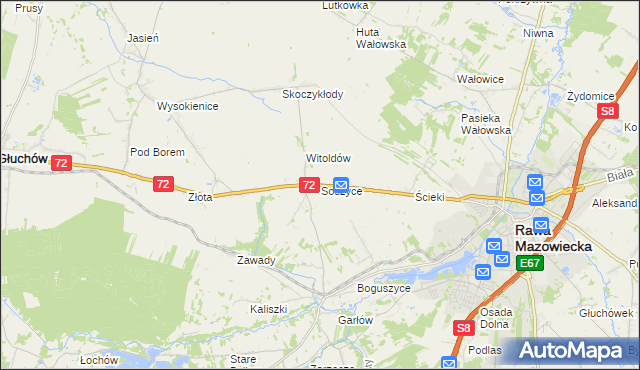mapa Soszyce gmina Rawa Mazowiecka, Soszyce gmina Rawa Mazowiecka na mapie Targeo