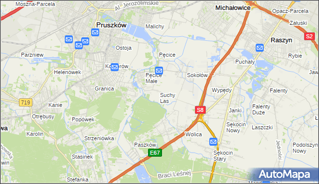 mapa Suchy Las gmina Michałowice, Suchy Las gmina Michałowice na mapie Targeo