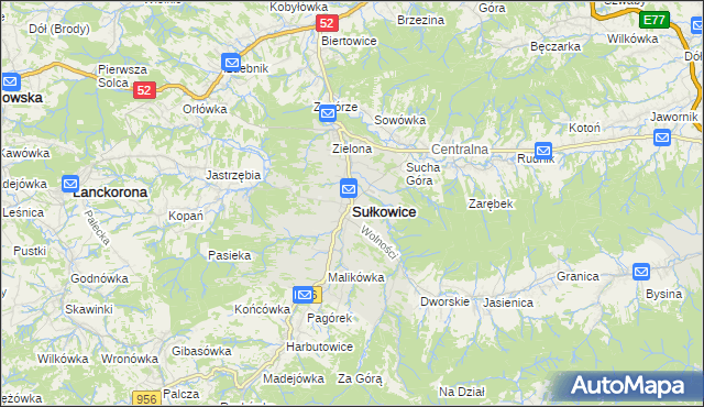 mapa Sułkowice powiat myślenicki, Sułkowice powiat myślenicki na mapie Targeo