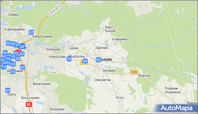 mapa Suszec powiat pszczyński, Suszec powiat pszczyński na mapie Targeo