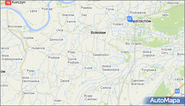 mapa Świebodzin gmina Bolesław, Świebodzin gmina Bolesław na mapie Targeo