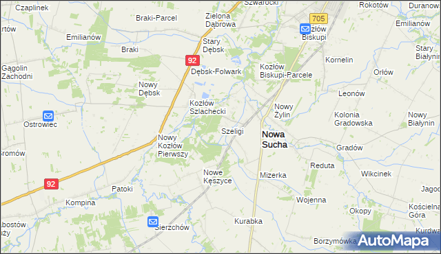 mapa Szeligi gmina Nowa Sucha, Szeligi gmina Nowa Sucha na mapie Targeo