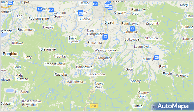 mapa Targanice, Targanice na mapie Targeo