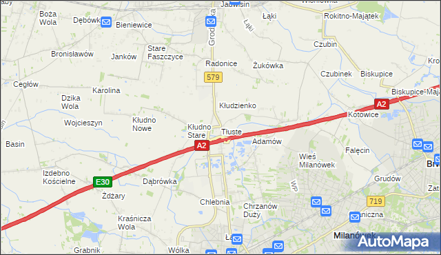 mapa Tłuste gmina Grodzisk Mazowiecki, Tłuste gmina Grodzisk Mazowiecki na mapie Targeo