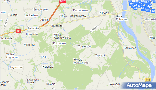 mapa Tomaszów gmina Puławy, Tomaszów gmina Puławy na mapie Targeo