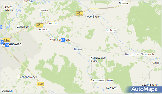 mapa Trzaski gmina Ciechanowiec, Trzaski gmina Ciechanowiec na mapie Targeo