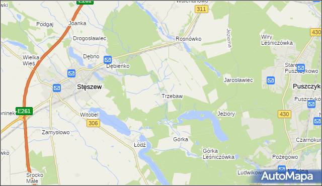 mapa Trzebaw gmina Stęszew, Trzebaw gmina Stęszew na mapie Targeo