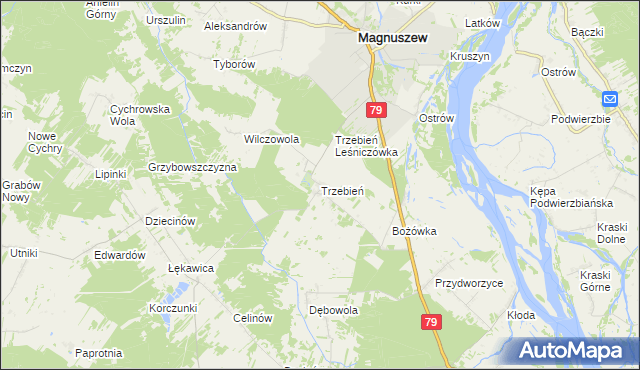 mapa Trzebień gmina Magnuszew, Trzebień gmina Magnuszew na mapie Targeo