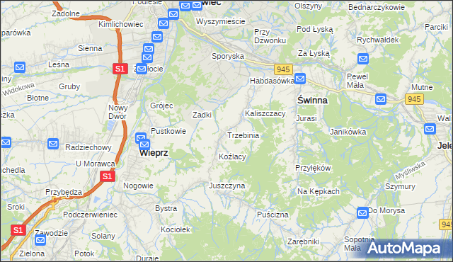 mapa Trzebinia gmina Świnna, Trzebinia gmina Świnna na mapie Targeo