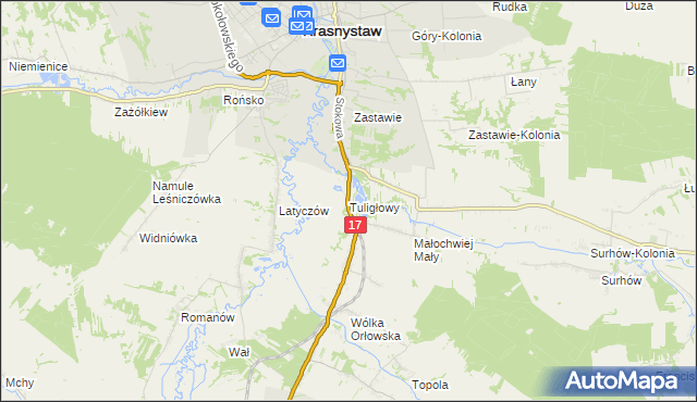 mapa Tuligłowy gmina Krasnystaw, Tuligłowy gmina Krasnystaw na mapie Targeo