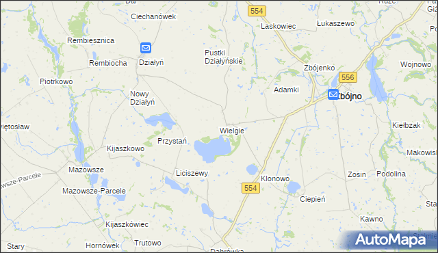 mapa Wielgie gmina Zbójno, Wielgie gmina Zbójno na mapie Targeo