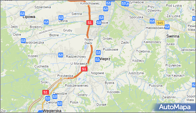 mapa Wieprz gmina Radziechowy-Wieprz, Wieprz gmina Radziechowy-Wieprz na mapie Targeo