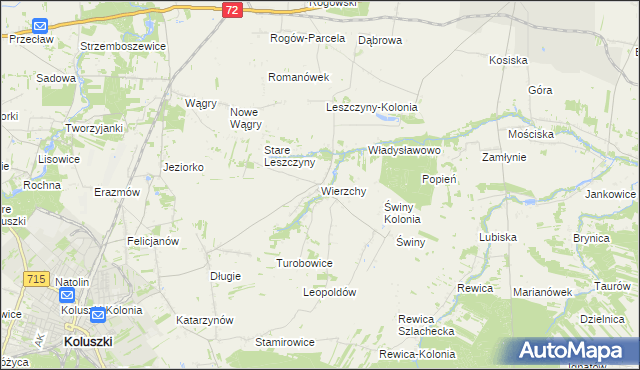 mapa Wierzchy gmina Koluszki, Wierzchy gmina Koluszki na mapie Targeo