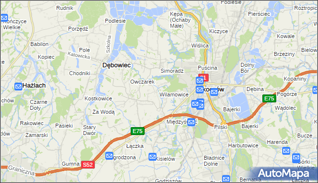 mapa Wilamowice gmina Skoczów, Wilamowice gmina Skoczów na mapie Targeo