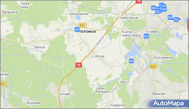 mapa Wilcza gmina Pilchowice, Wilcza gmina Pilchowice na mapie Targeo