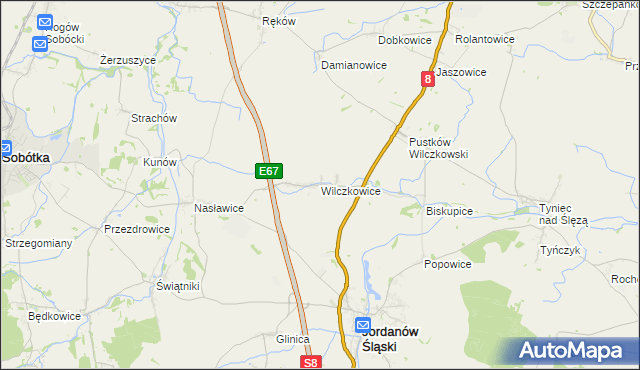 mapa Wilczkowice gmina Jordanów Śląski, Wilczkowice gmina Jordanów Śląski na mapie Targeo