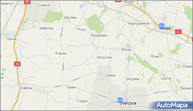 mapa Wilczyniec gmina Jarocin, Wilczyniec gmina Jarocin na mapie Targeo