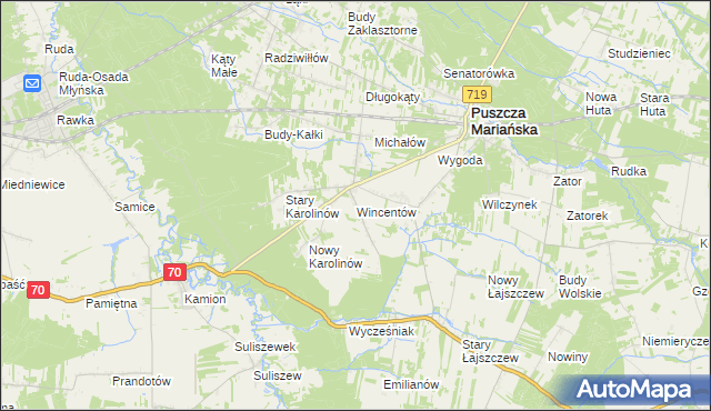 mapa Wincentów gmina Puszcza Mariańska, Wincentów gmina Puszcza Mariańska na mapie Targeo