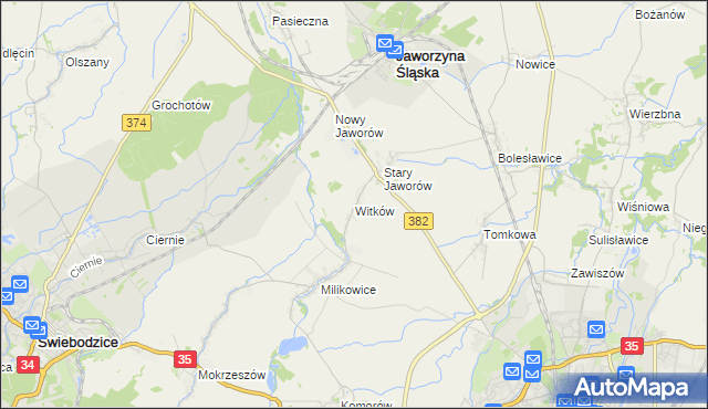 mapa Witków gmina Jaworzyna Śląska, Witków gmina Jaworzyna Śląska na mapie Targeo
