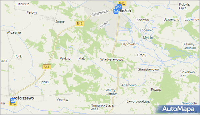 mapa Władysławowo gmina Bieżuń, Władysławowo gmina Bieżuń na mapie Targeo