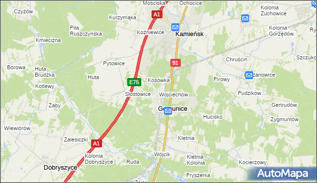mapa Wojciechów gmina Gomunice, Wojciechów gmina Gomunice na mapie Targeo