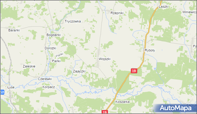 mapa Wojszki gmina Juchnowiec Kościelny, Wojszki gmina Juchnowiec Kościelny na mapie Targeo