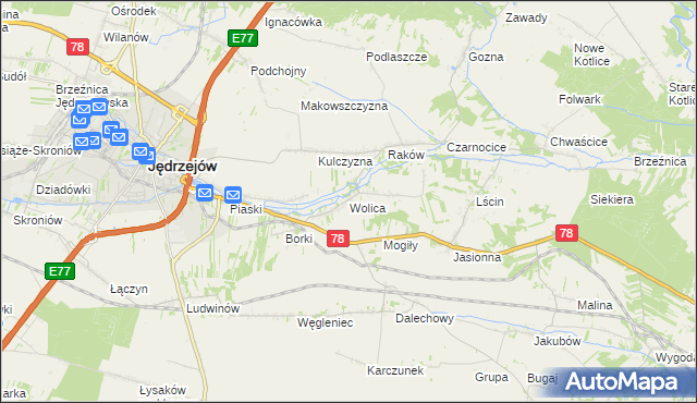 mapa Wolica gmina Jędrzejów, Wolica gmina Jędrzejów na mapie Targeo