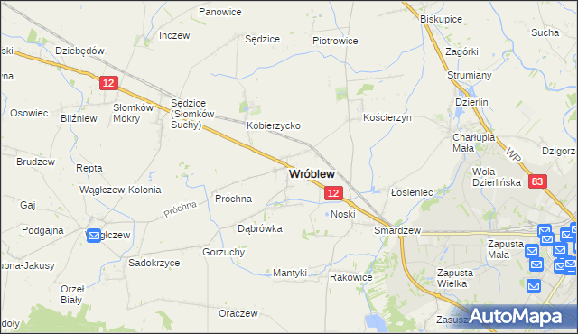 mapa Wróblew powiat sieradzki, Wróblew powiat sieradzki na mapie Targeo