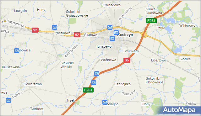 mapa Wróblewo gmina Kostrzyn, Wróblewo gmina Kostrzyn na mapie Targeo