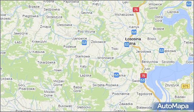 mapa Wronowice gmina Łososina Dolna, Wronowice gmina Łososina Dolna na mapie Targeo