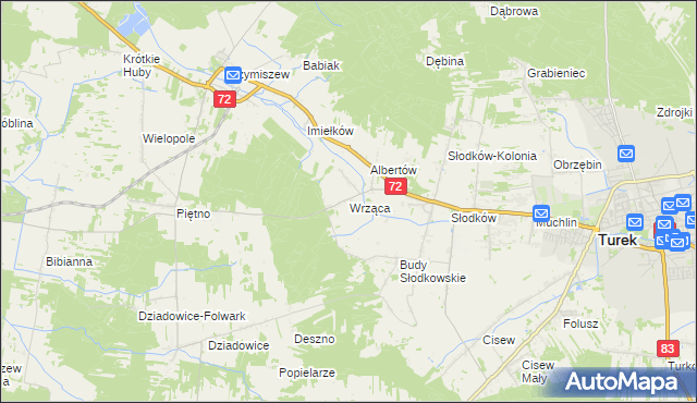 mapa Wrząca gmina Turek, Wrząca gmina Turek na mapie Targeo