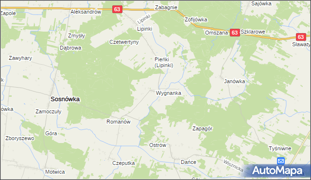 mapa Wygnanka gmina Sosnówka, Wygnanka gmina Sosnówka na mapie Targeo