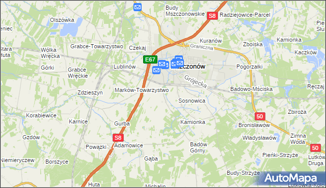 mapa Wymysłów gmina Mszczonów, Wymysłów gmina Mszczonów na mapie Targeo