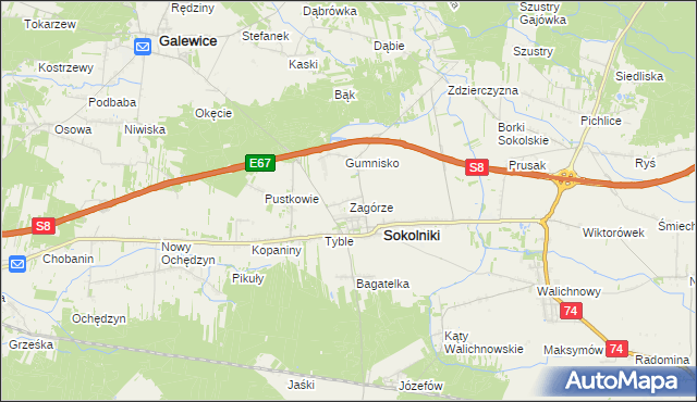 mapa Zagórze gmina Sokolniki, Zagórze gmina Sokolniki na mapie Targeo