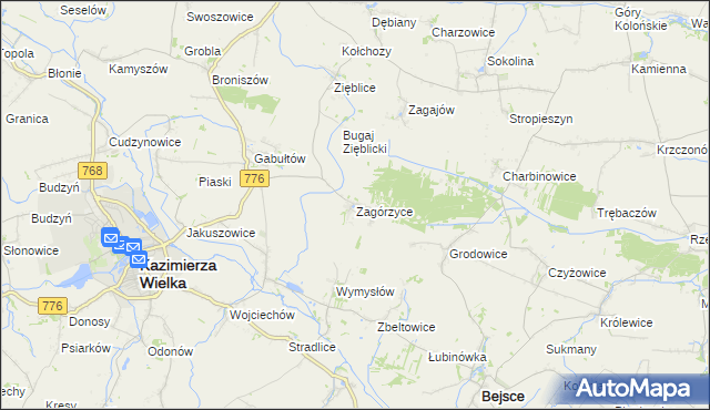 mapa Zagórzyce gmina Kazimierza Wielka, Zagórzyce gmina Kazimierza Wielka na mapie Targeo