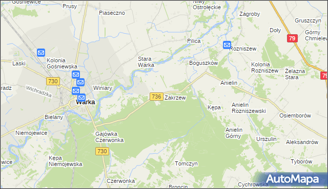 mapa Zakrzew gmina Grabów nad Pilicą, Zakrzew gmina Grabów nad Pilicą na mapie Targeo